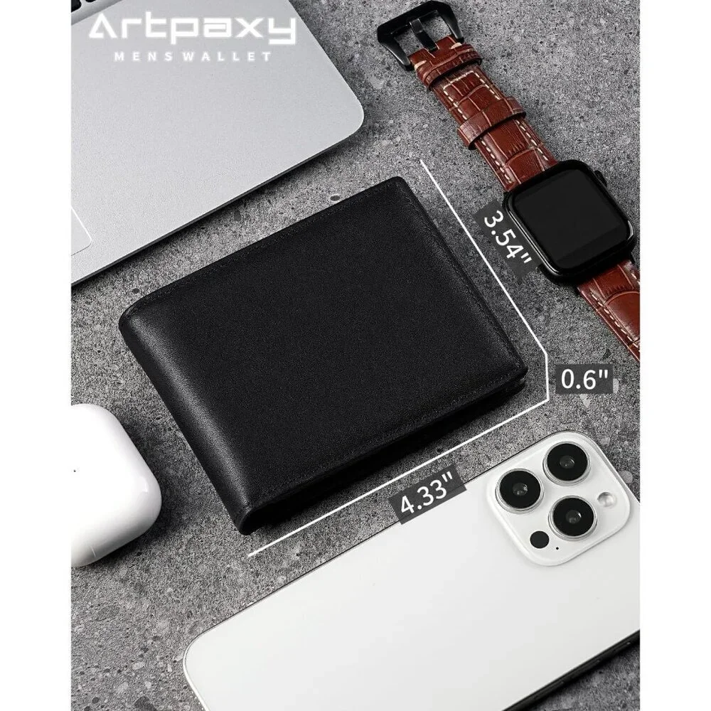Men's Classic Bifold Wallet Card Black Style Genuine Leather 2 Cash Pockets